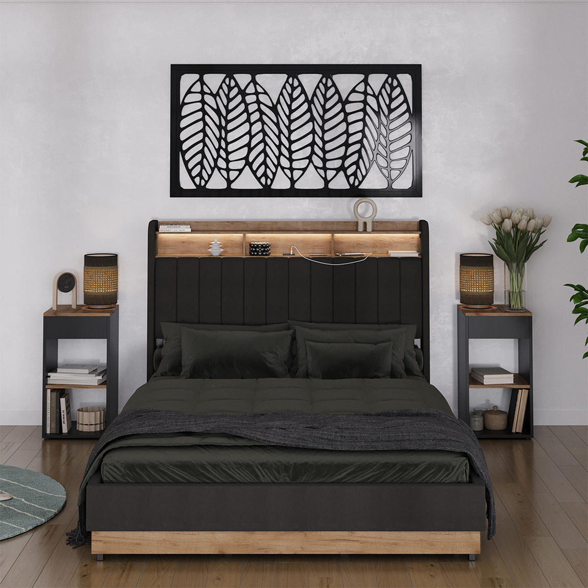 POLSTERBETT Nura Anthrazit 140x200 mit 4 Schubladen - Eichefarben/Anthrazit, Holzwerkstoff - VitaliSpa