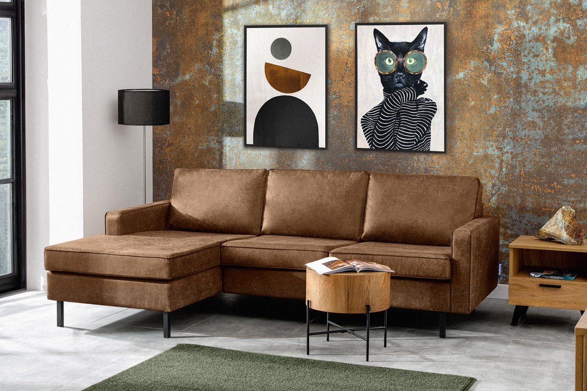 ECKSOFA-LINKS INVIA mit Armlehnen vintage, Lederoptik-Stoff, braun - Schwarz/Braun, Textil (234/160cm) - KONSIMO®