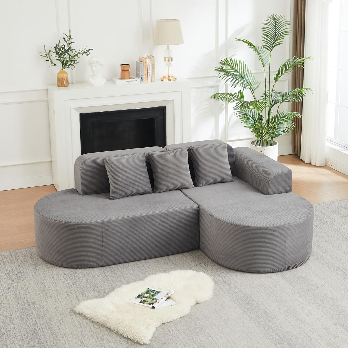ECKSOFA 220/155/70 cm Grau Cord mit 3 Kissen, Rechte Seite - Grau, Textil (220/155cm) - Oxeza