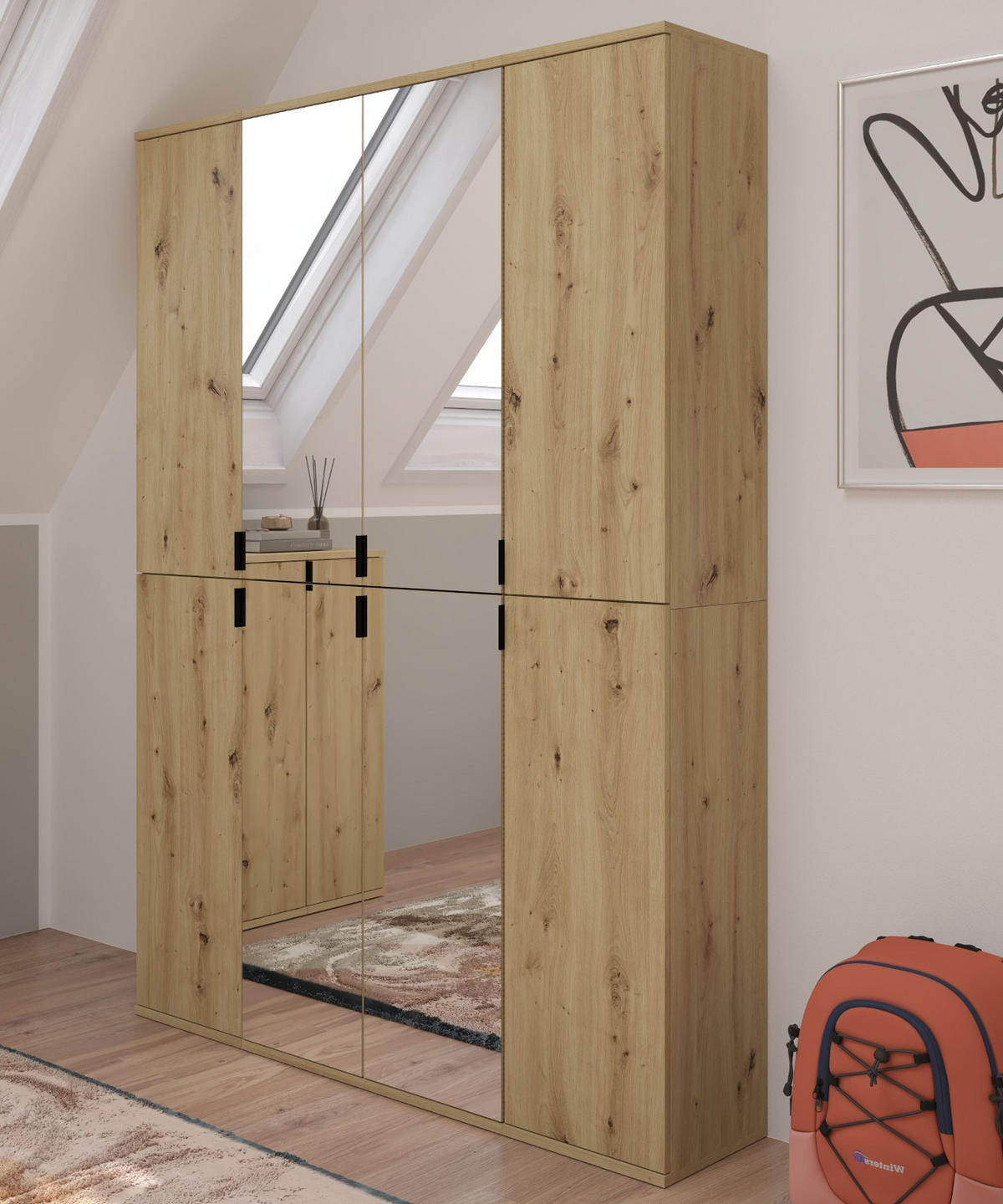 GARDEROBENSCHRANK Eiche Artisan 121 cm, Flurschrank mit Spiegel - Chromfarben/Schwarz, Glas/Holzwerkstoff (121/193/34cm) - Inn.Furn