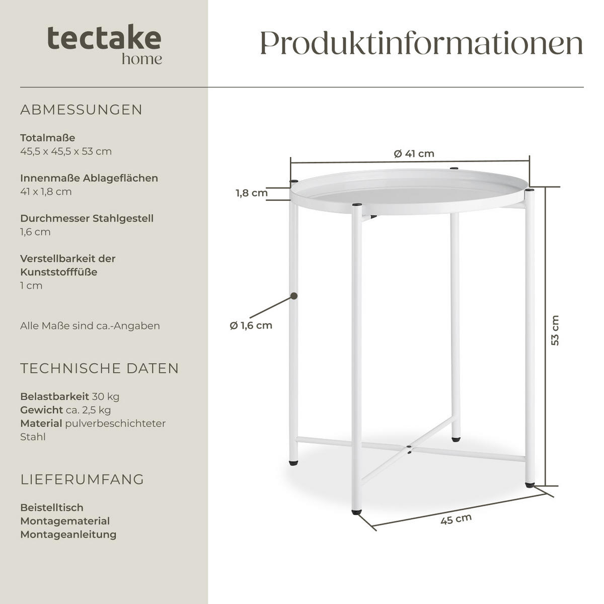 BEISTELLTISCH Chester,45,5 x 45,5 x 53 cm,weiß - Weiß, Metall (45.5/45.5/53cm) - tectake