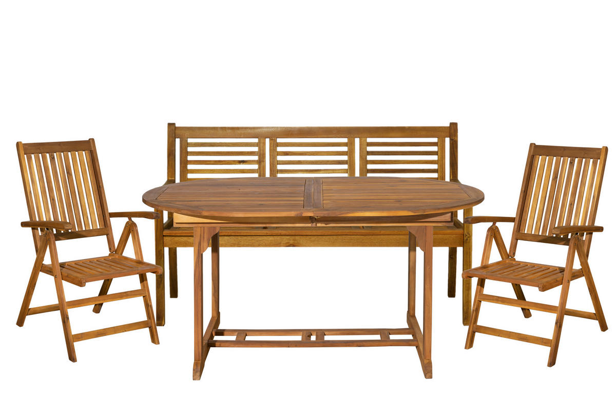 SITZGRUPPE Akana mit 2 Stühlen, 1 Bank und 1 ausziehbaren Tisch - 150/200x100 cm - Akazienholz geölt - Naturfarben, Holz - TPFGarden