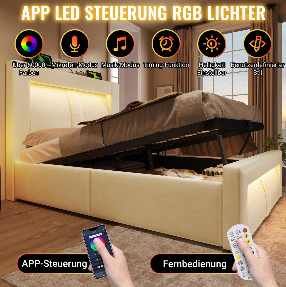 POLSTERBETT 180/200 cm mit Bettkasten, LED-Beleuchtung, USB-C und Ladefunktion, Samt, Beige - Beige, Textil (180/200cm) - Redom