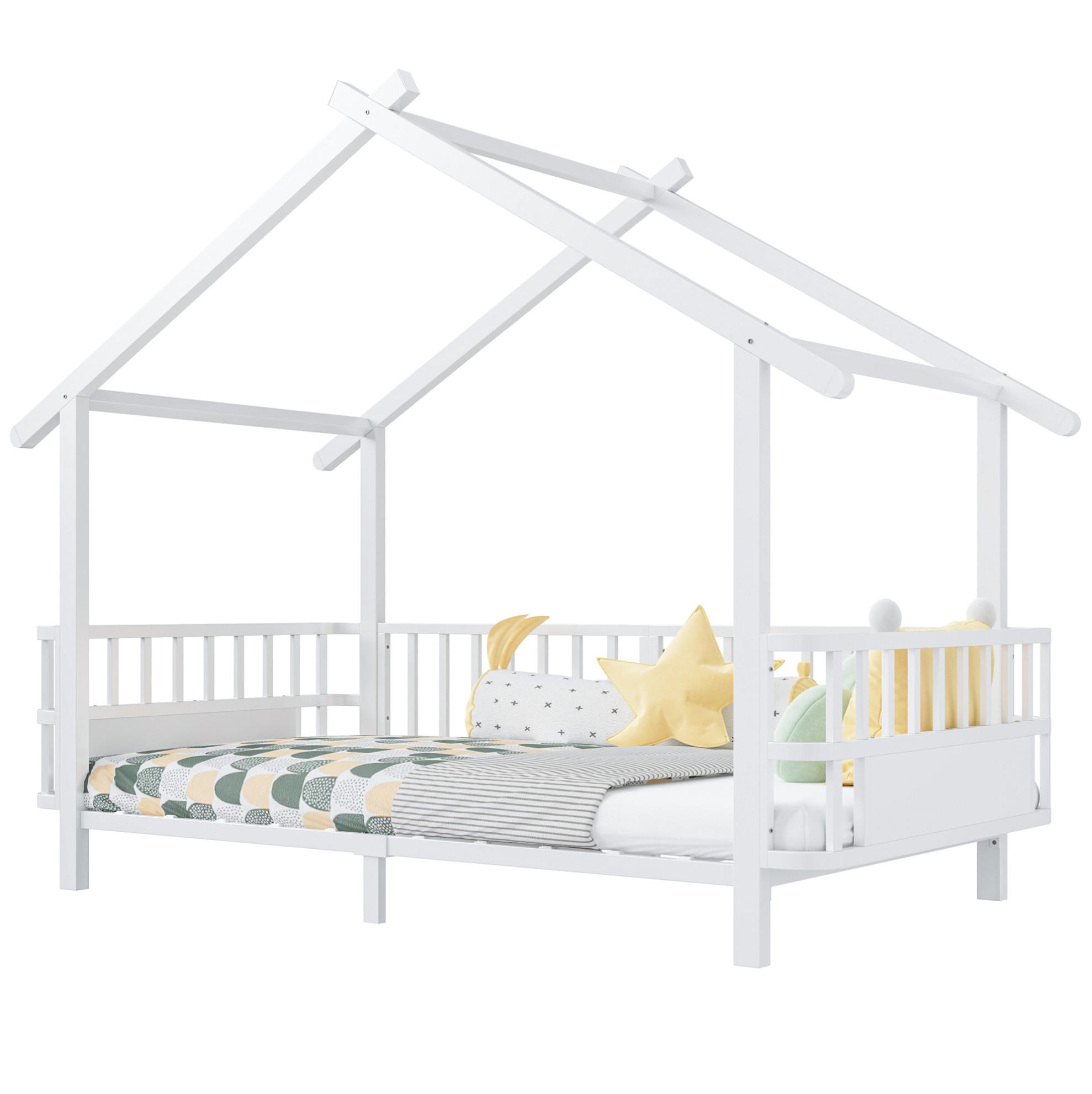 KINDERBETT mit Dachdesign und Sicherheitsgitter Metall Weiß 90 x 200 cm - Weiß, Metall (90/200cm) - MIVRAY