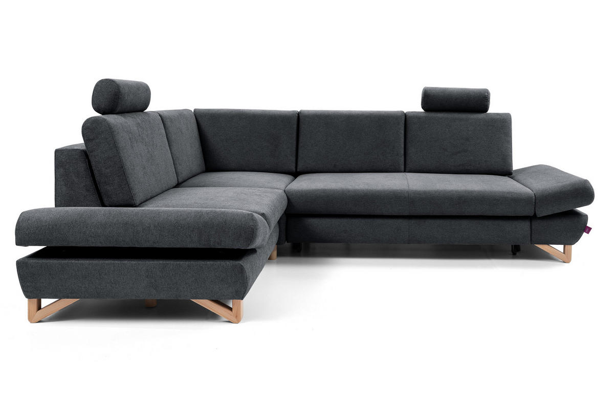 ECKSOFA CASA II L-S Anthrazit Plüsch-Stoff mit Schlaffunktion - Anthrazit, Holz (272/199cm) - MASSENO