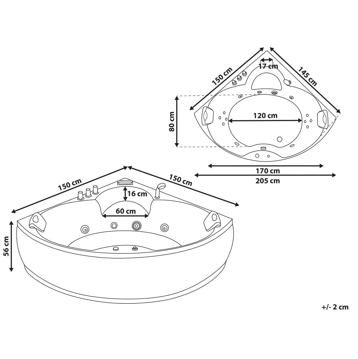 WHIRLPOOL-BADEWANNE mit LED 150x205x56 cm schwarz Senado - Schwarz, Kunststoff (150/56/205cm) - Beliani