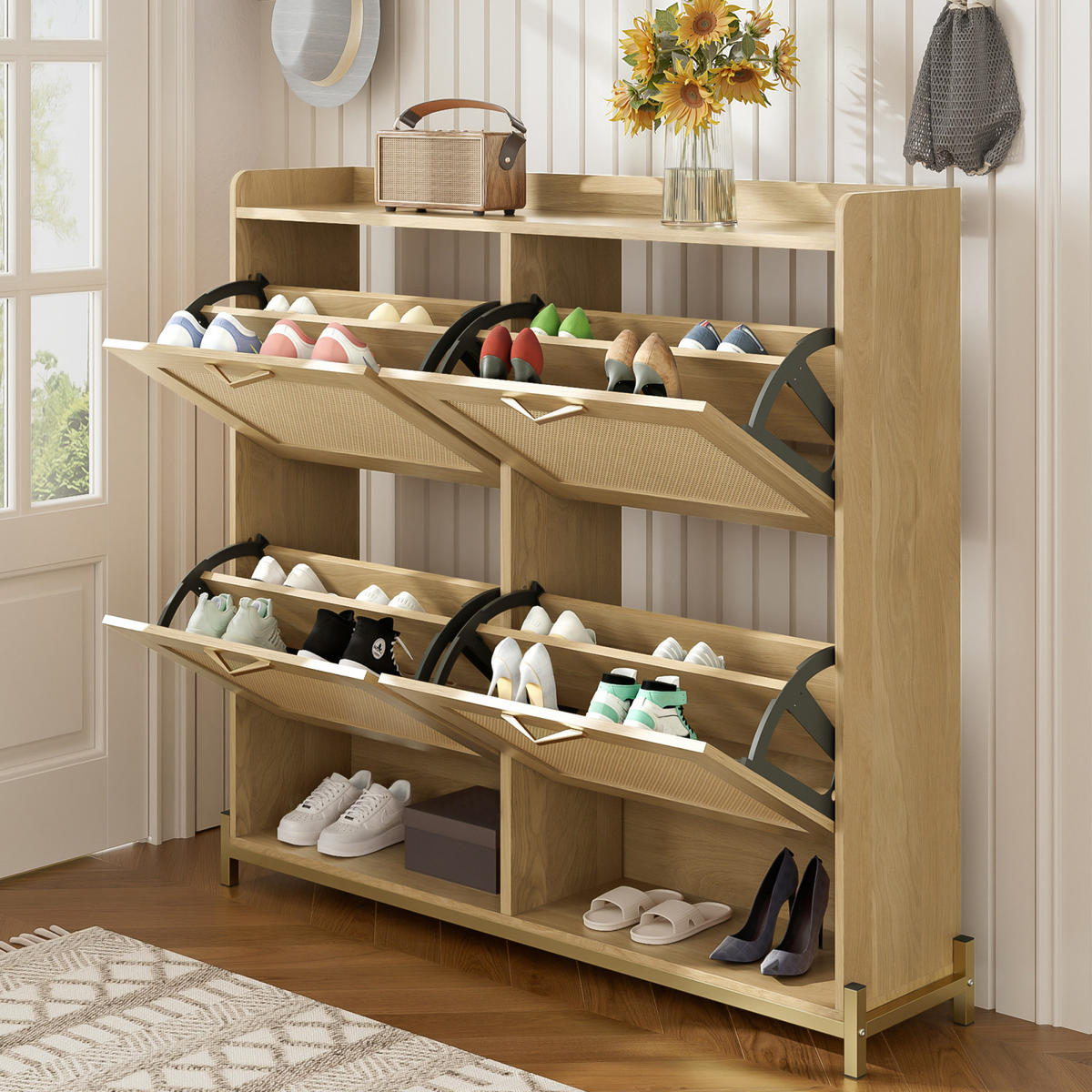 SCHUHKOMMODE in Holzoptik mit 4 Klappen, Schuhschrank für Flur - Naturfarben, Holz (108/100/24cm) - PARAFTA HOME
