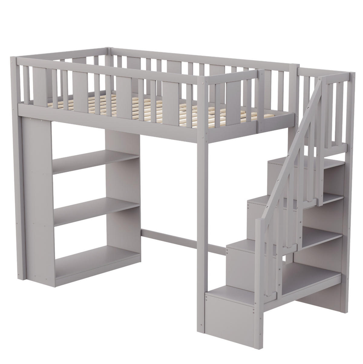HOCHBETT 90/200 cm Grau aus Kiefernholz mit Stauraum und Sicherheitsleiter - Grau, Holz (90/200cm) - MIVRAY
