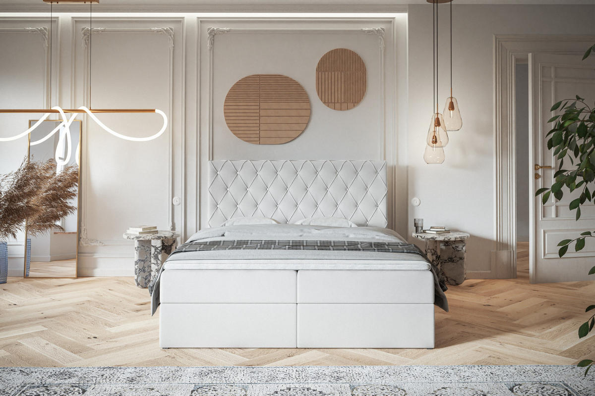 BOXBETT BOSTON mit 2 Bettkästen, 140x200, Farbe: Weiß, Kunstleder, Doppelbett mit Bonell-Matratze - Weiß, Holz/Kunststoff (140/200cm) - Alpi-Möbel