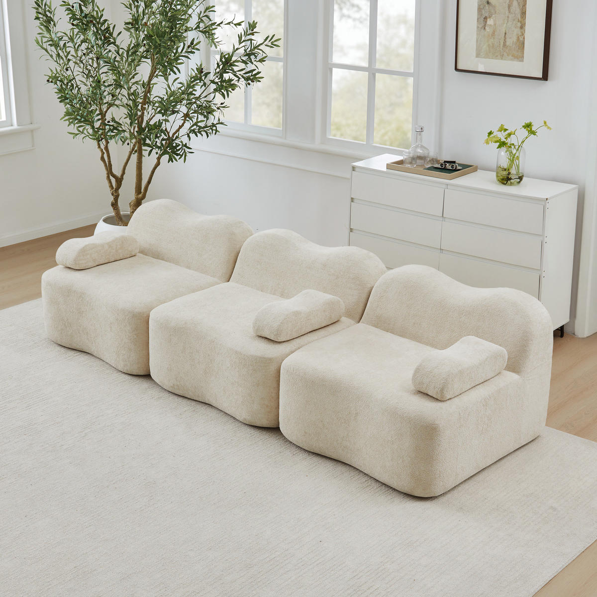 3-SITZER Modulares Sofa beige aus Samt mit tiefer Sitzfläche - Beige, Textil (98/70/288cm) - Modenvie