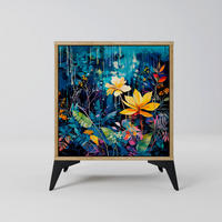 SIDEBOARD MIDNIGHT BLOSSOM, Eichefarben, 57,5x42x70,5 cm, Schwarze Metall-Sternfüße - Eichefarben/Multicolor, Holzwerkstoff/Metall (57.5/70.5/42cm) - SpaceRebels