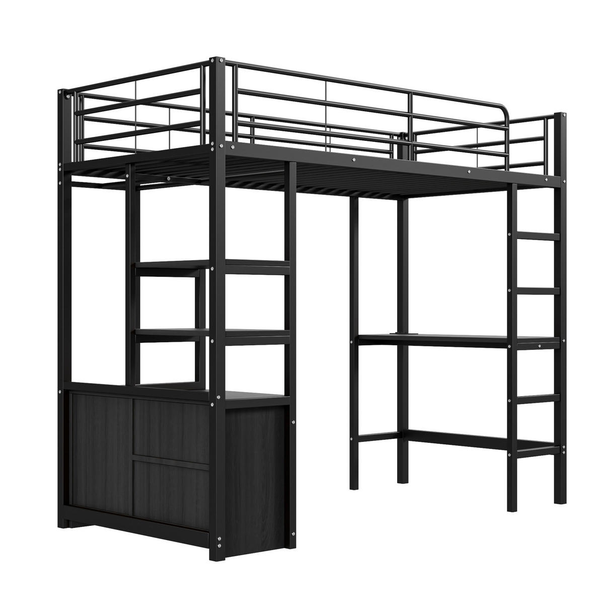 HOCHBETT 90/200 cm, Schwarz mit Schreibtisch, Steckdose und USB - Schwarz, Metall (90/200cm) - MIVRAY