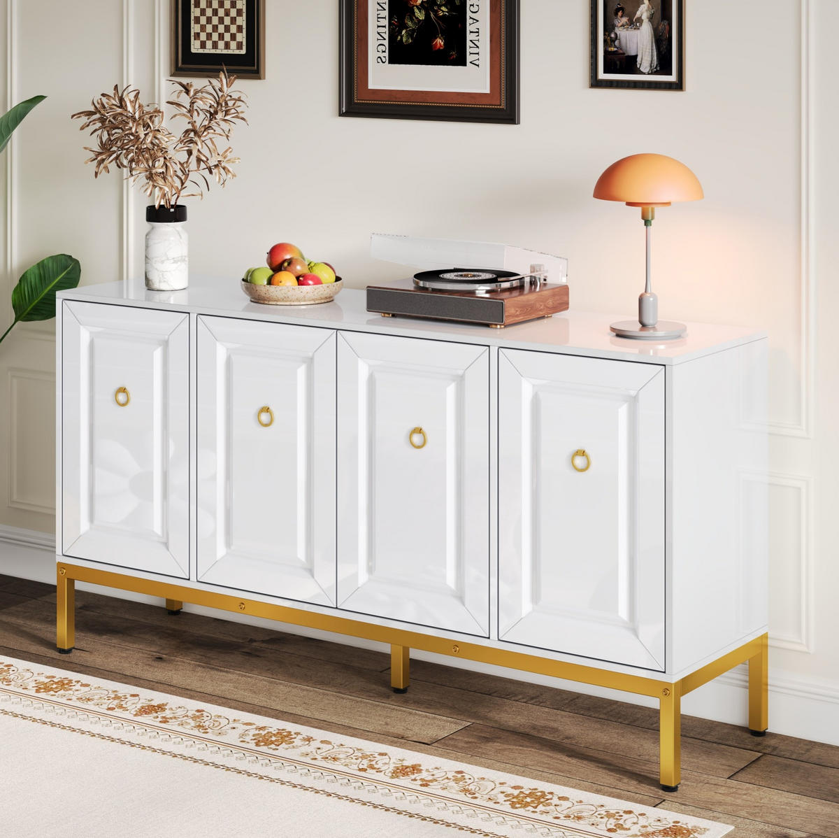 SIDEBOARD in Hochglanz Weiß mit goldenen Metallbeinen und eleganten Ringgriffen, 140/40/80 cm, Weiß/Gold - Weiß, Holzwerkstoff (140/80/40cm) - Redom