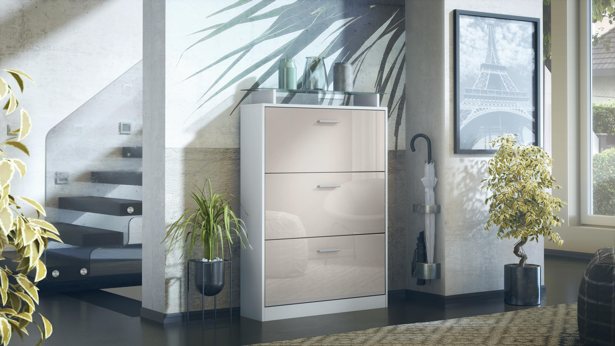 SCHUHSCHRANK Lavia Front in Sandgrau Hochglanz - Sandfarben, Holzwerkstoff (89/128/23cm) - Vladon
