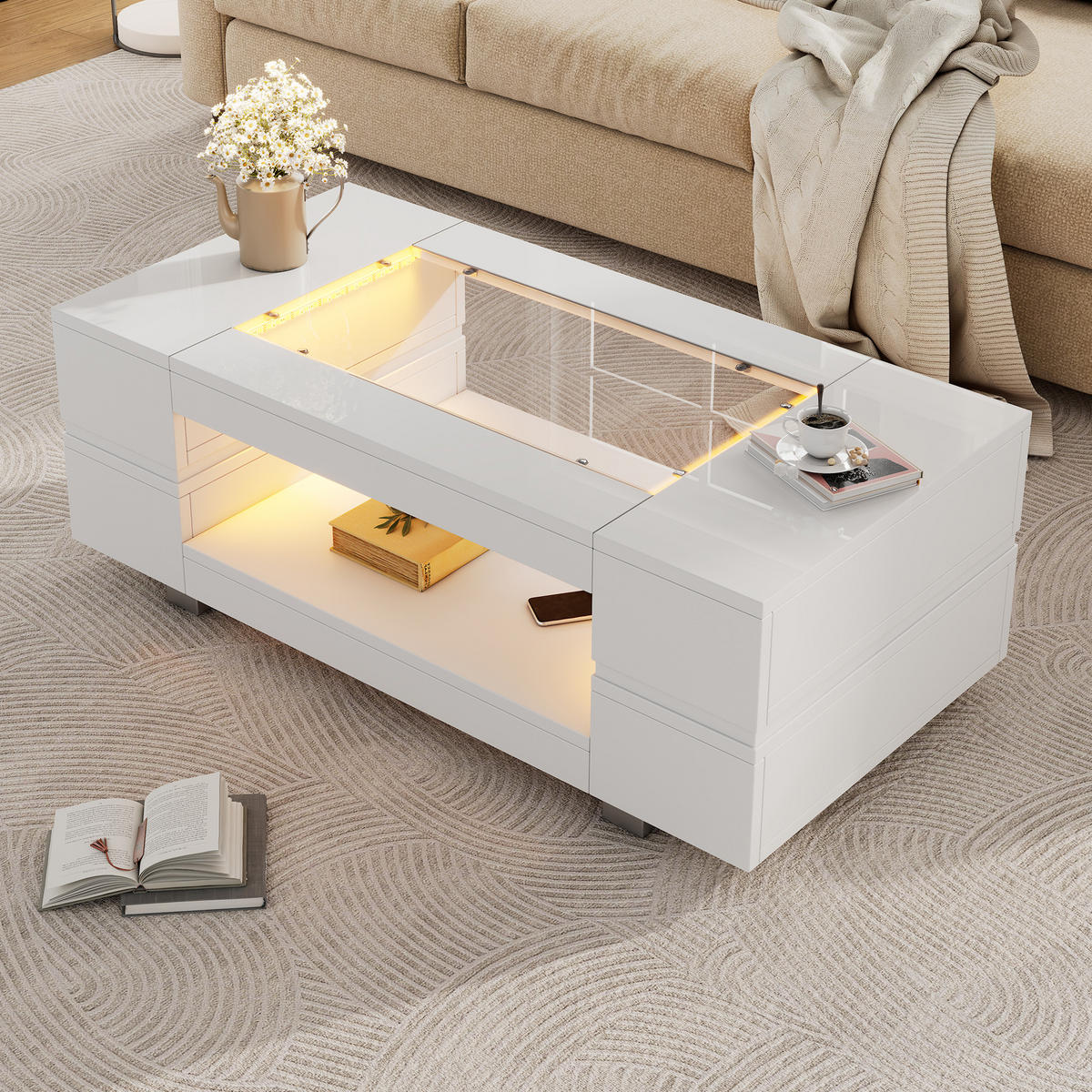 COUCHTISCH Weiß, mit LED-Beleuchtung und Bluetooth-App-Steuerung - Silberfarben/Weiß, Glas/Holz (50/100/35cm) - CHICFURN