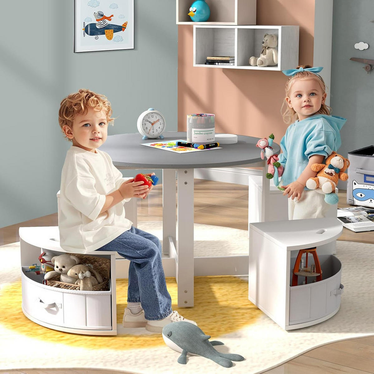 KINDERTISCHE mit Stühlen grau(5-tlg) - Grau, Holzwerkstoff (79/51/79cm) - COSTWAY
