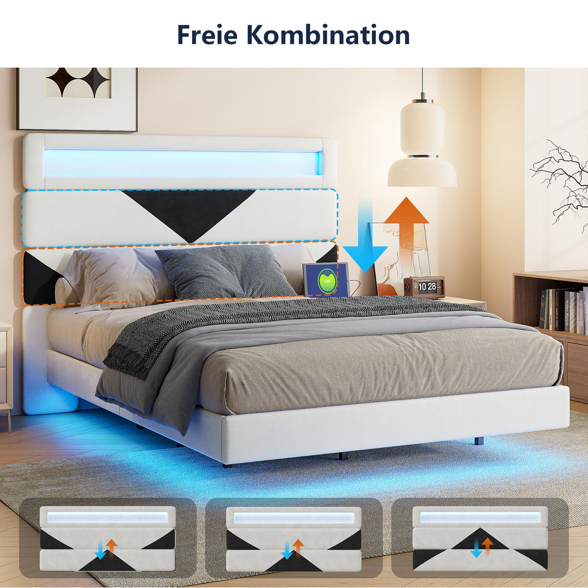 POLSTERBETT 160x200 cm, Weiß/Schwarz, LED-Beleuchtung und USB - Schwarz, Textil/Metall (160/200cm)