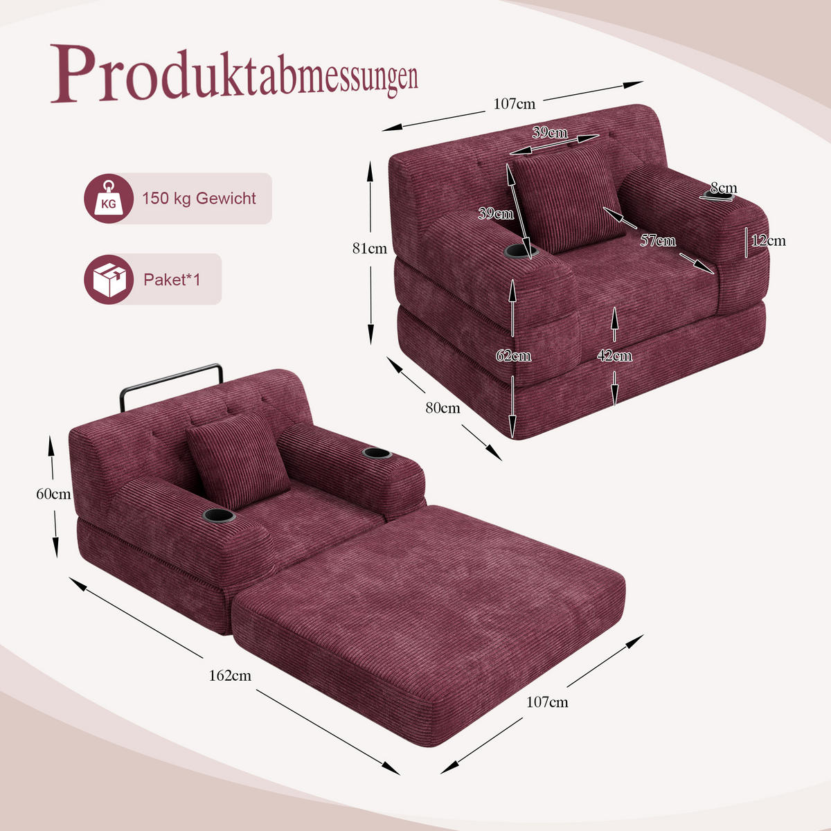 SCHLAFSESSEL Cord komprimiert, DE-42543, Weinrot - Weinrot, Metall (107/81/80cm) - ComfortXL