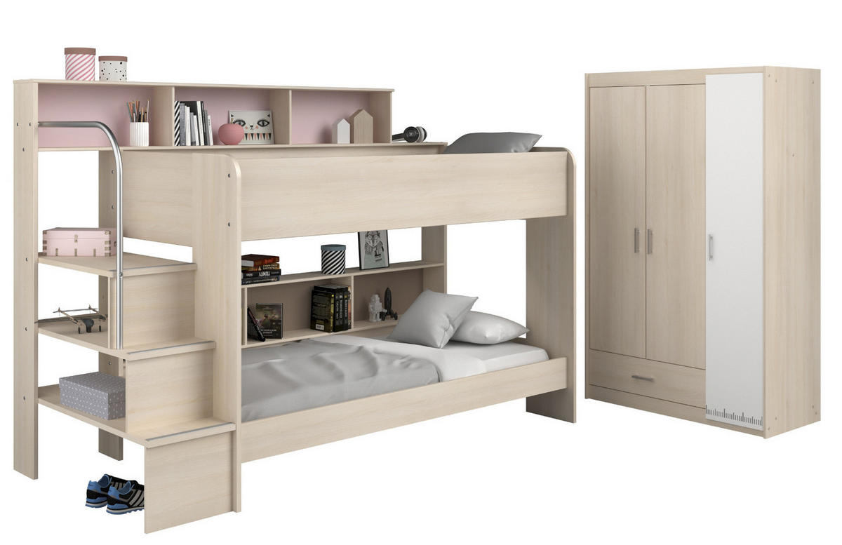 KINDERZIMMER Set Etagenbett 2x 90 x 200 cm und 3-türiger Kleiderschrank - Akaziefarben, Holz (245/171/114cm) - Furn.Design