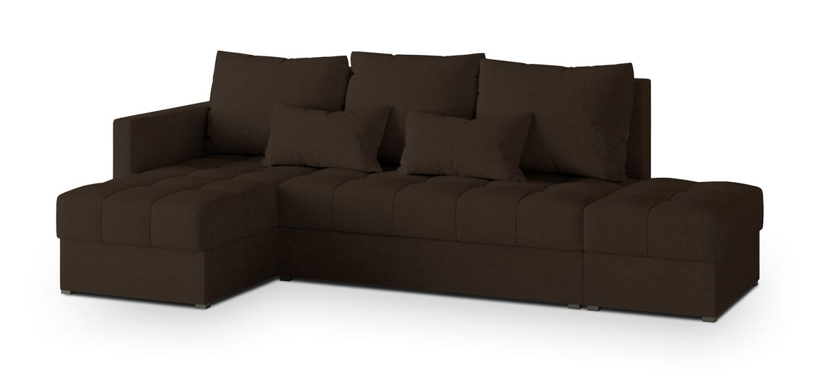 ECKSOFA LUMARI L-S Braun Plüsch-Stoff mit Schlaffunktion - Braun, Holz (262/143cm) - MASSENO