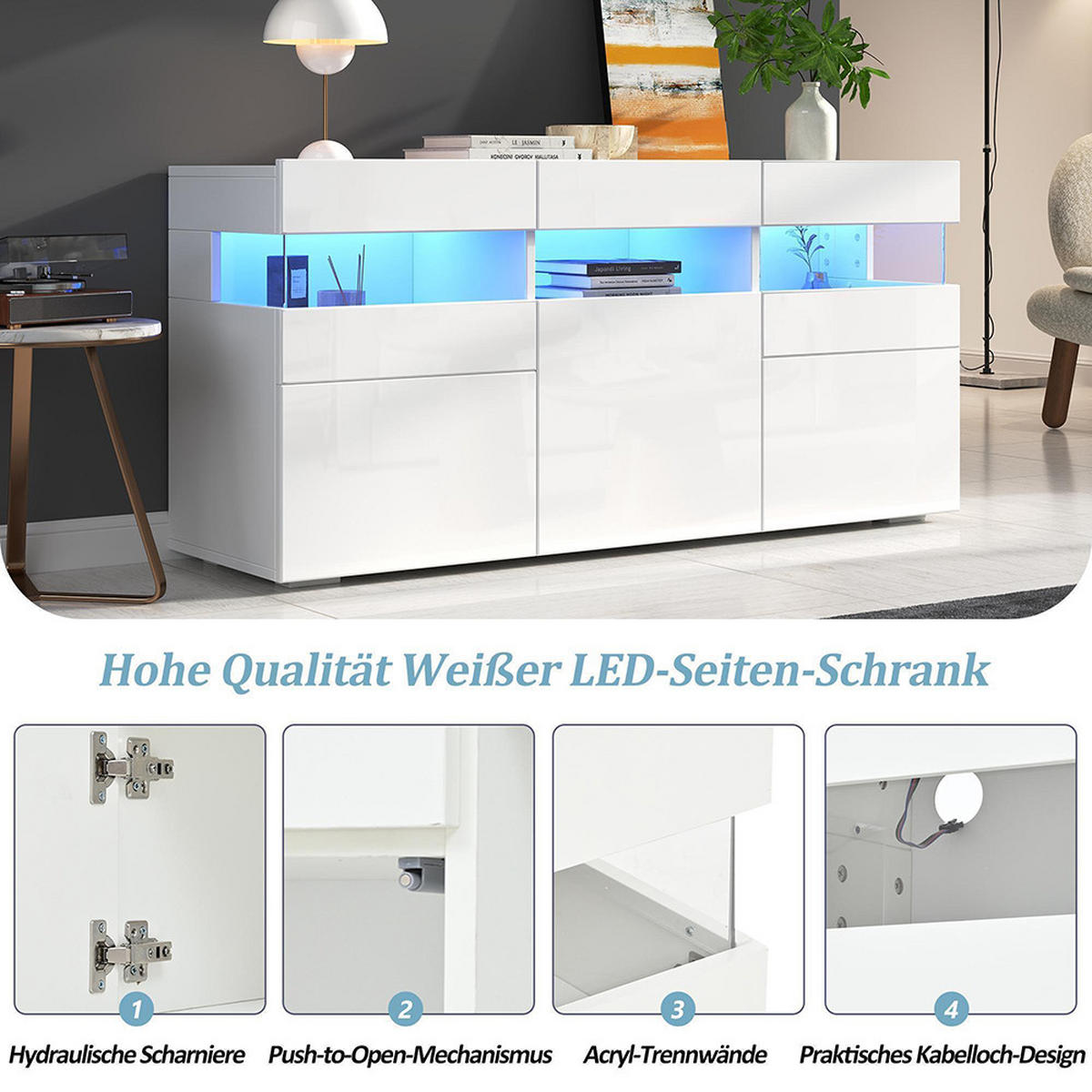 SIDEBOARD 140x40.5x66.5cm mit LED-Lichtleiste,Weiß - Weiß, Holzwerkstoff (40.5/66.5/140cm) - KOMHTOM