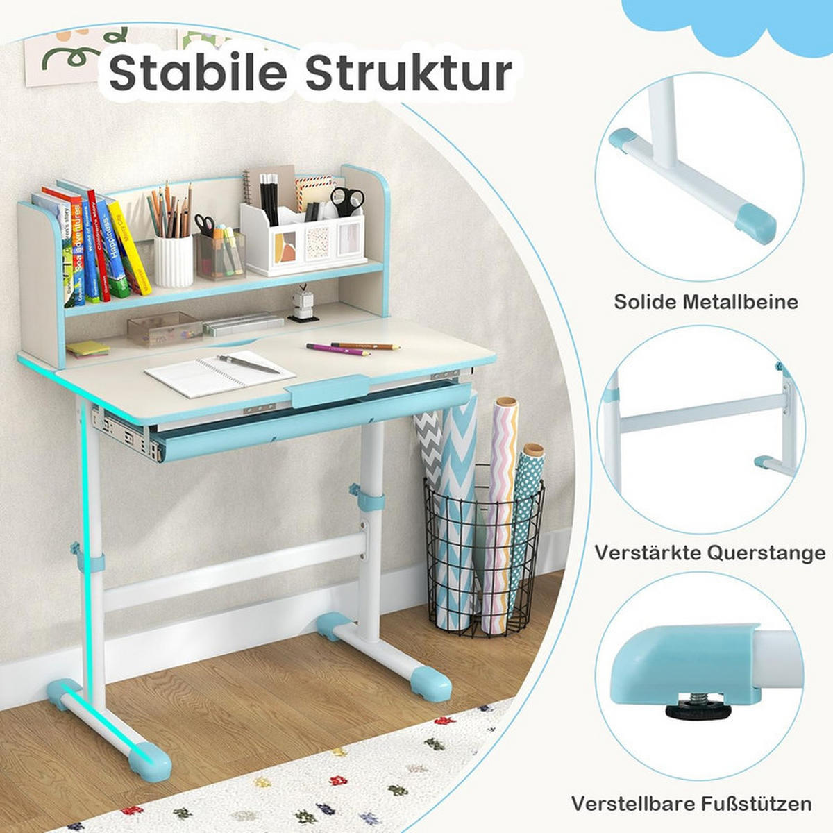 KINDERSCHREIBTISCH Höhenverstellbarer blau - Blau, Metall (80/81.5/51cm) - COSTWAY