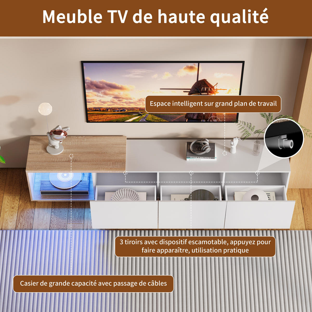 TV-SCHRANK 163–240 cm Ausziehbar LED-Licht Schubladen Stauraum Weiß-Holzoptik - Weiß, Holzwerkstoff (38/44/240cm) - SHOPENTRA