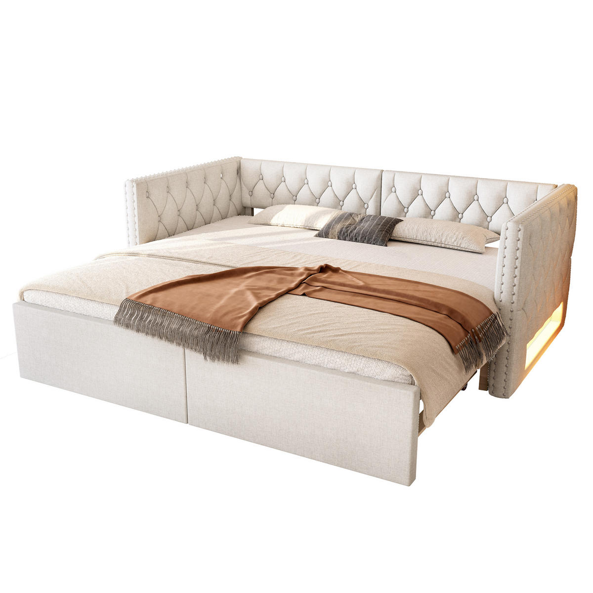 POLSTERBETT 90/200 cm Ausziehbett Beige aus Leinen mit LED-Beleuchtung - Beige, Textil (90/200cm) - OKWISH