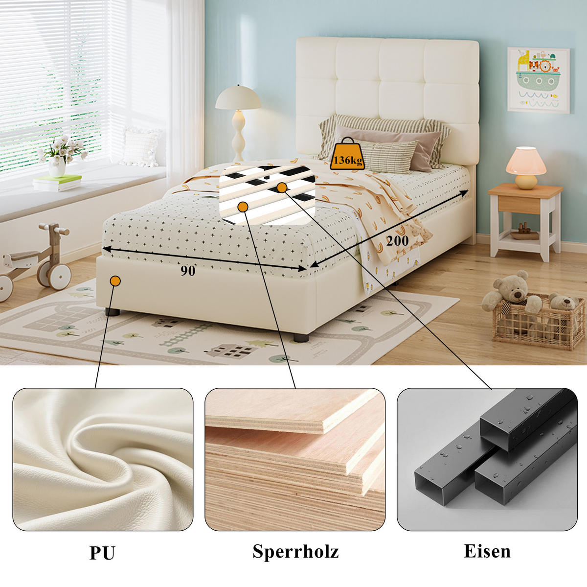 KINDERBETT Polsterbett 90/200 cm aus PU, Eisen und Sperrholz mit keksförmigem Kopfteil Beige - Beige, Holzwerkstoff (90/200cm) - Modenvie
