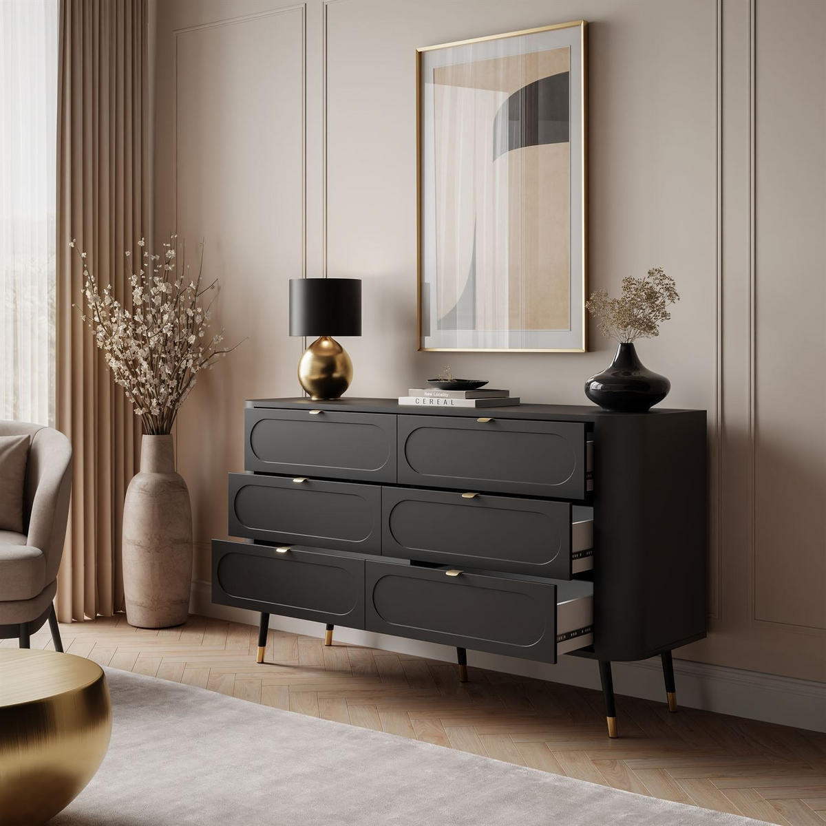 Wohnkommode SHADOW 6S mit Schubladen - Schwarz, Holzwerkstoff (138/80/40cm) - Lookway