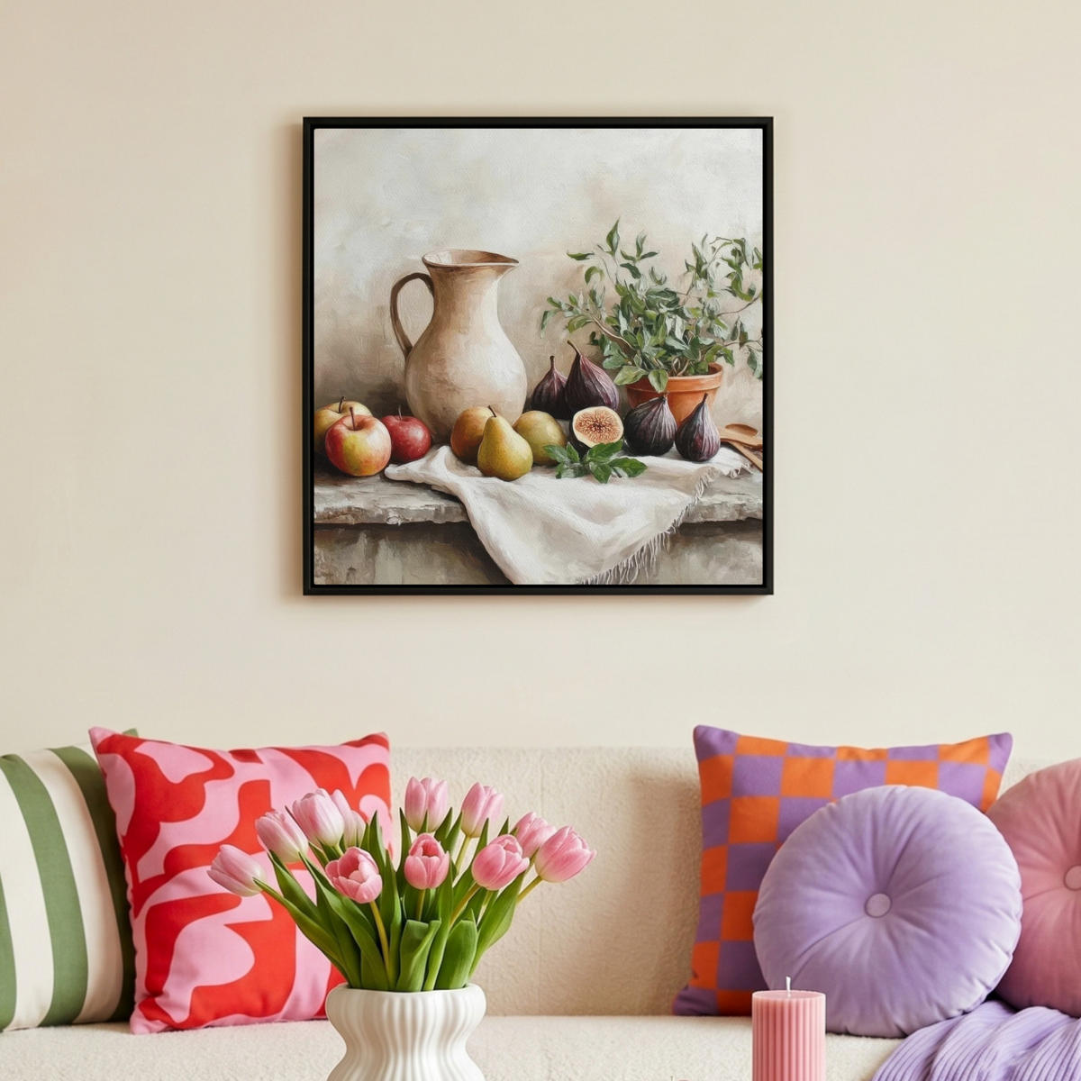 LEINWAND Bilder mit Rahmen - Obst - Kräuter - Ländlich - 50x50 - Naturfarben, Textil (50/50cm) - MuchoWow