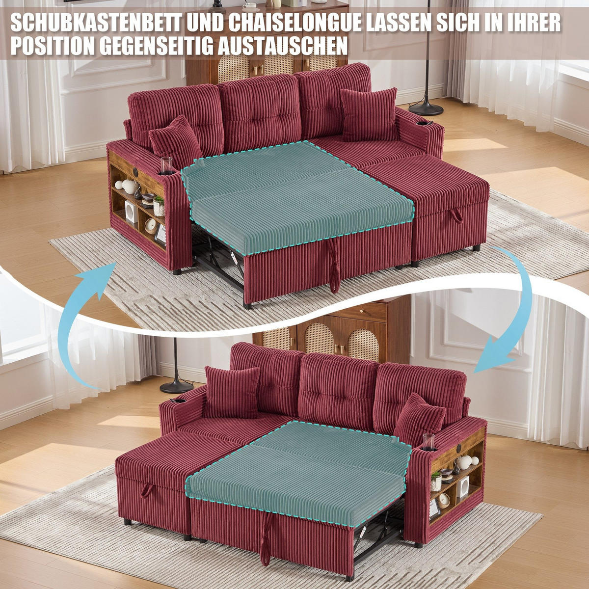 SCHLAFSOFA 3-er Sofa mit Schlaffunktion,Aufbewahrungshocker,Cord,Rot - Rot, Textil (196/85/119cm) - LVHOM