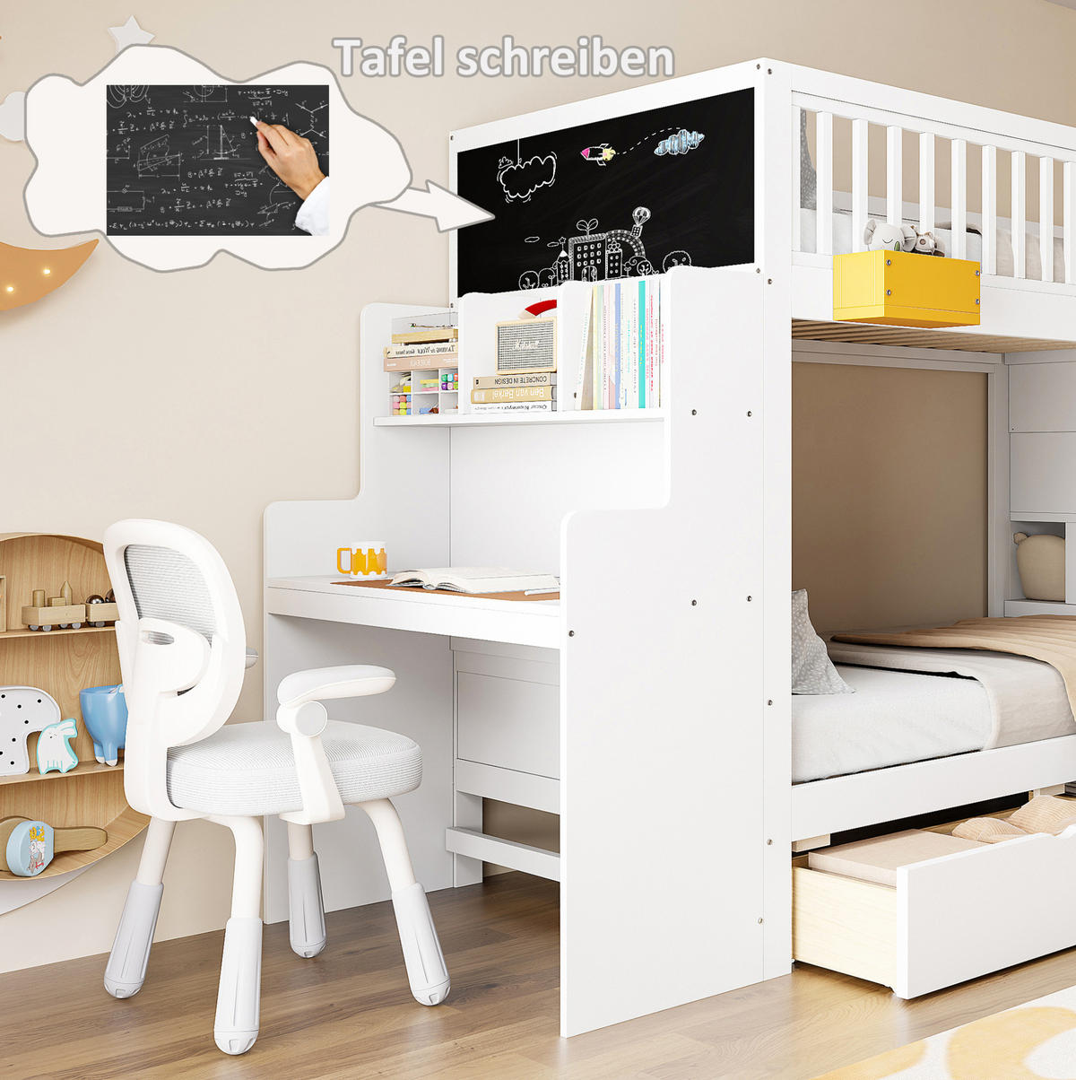 ETAGENBETT 90/200 cm aus Kiefernholz mit Schreibtisch und Treppe, Weiß - Weiß, Holz (90/200cm) - OKMYHOME