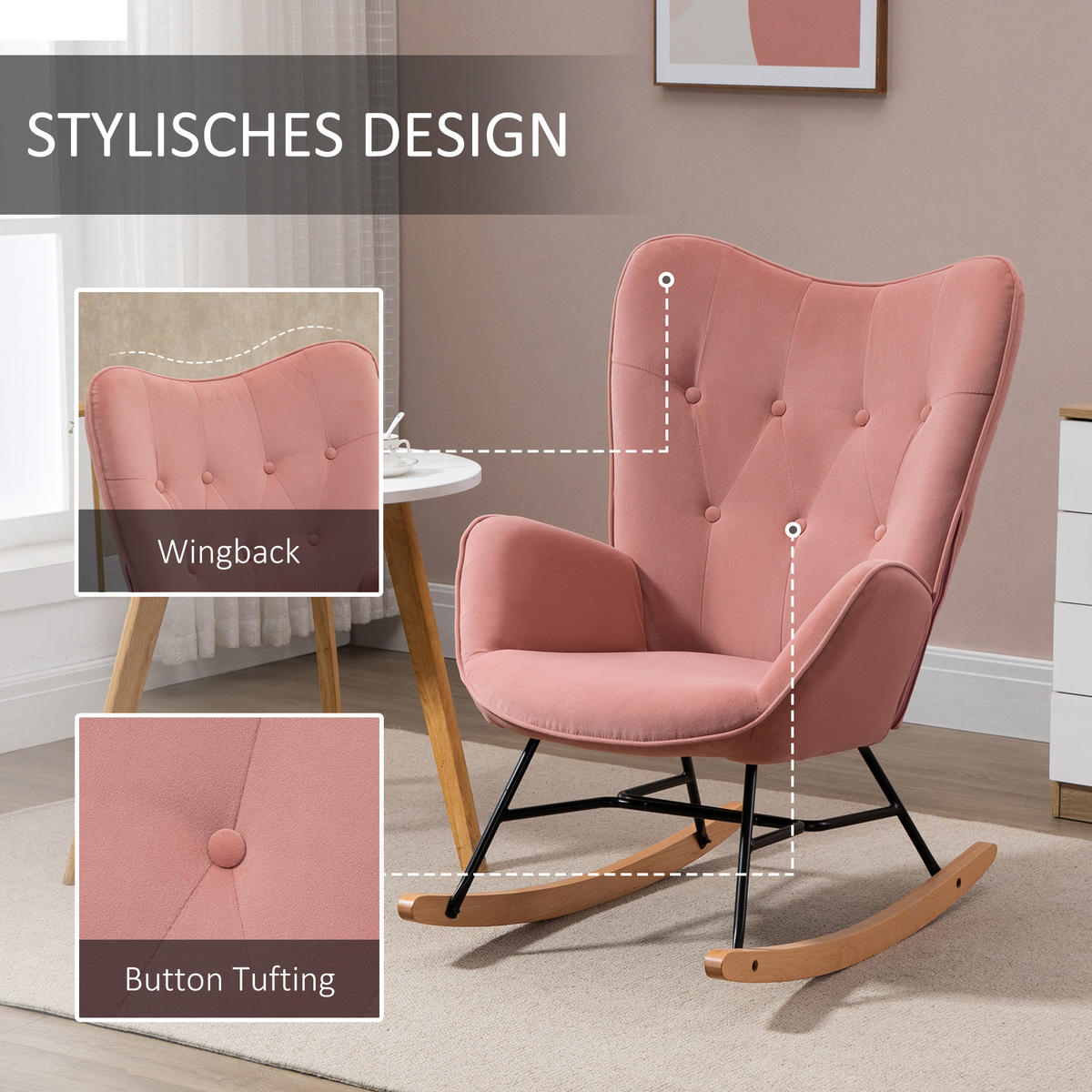 SCHAUKELSTUHL Schaukelsessel mit Stahlrahmen gepolstert Rosa+Natur - Rosa, Kunststoff (70/96/65cm) - HOMCOM
