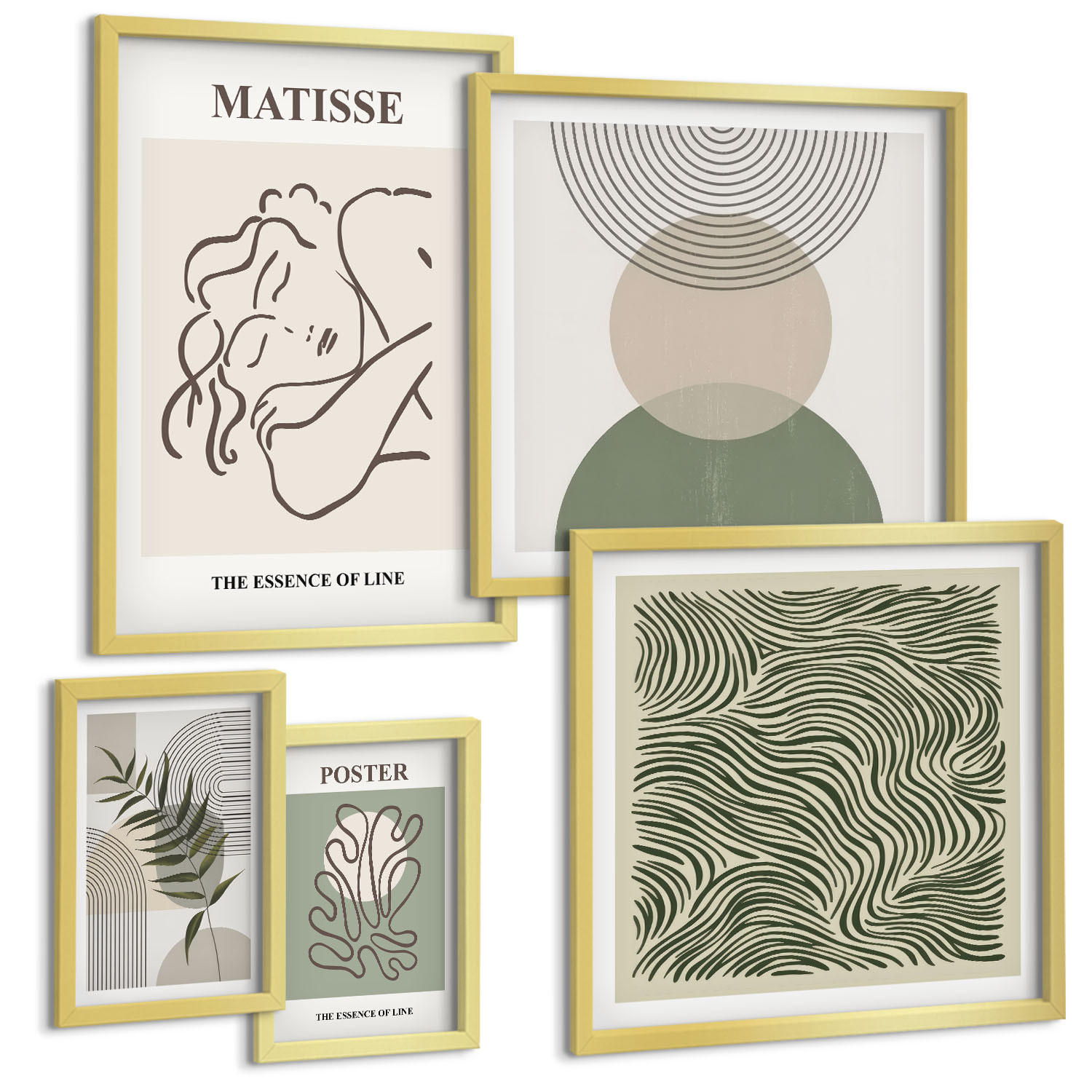 BILDER SET 5er Set - 50x50 cm & 20x30 cm & 40x60 cm Goldrahmen - Geometrische botanische Muster - Goldfarben, Kunststoff (40/60cm) - TULUP