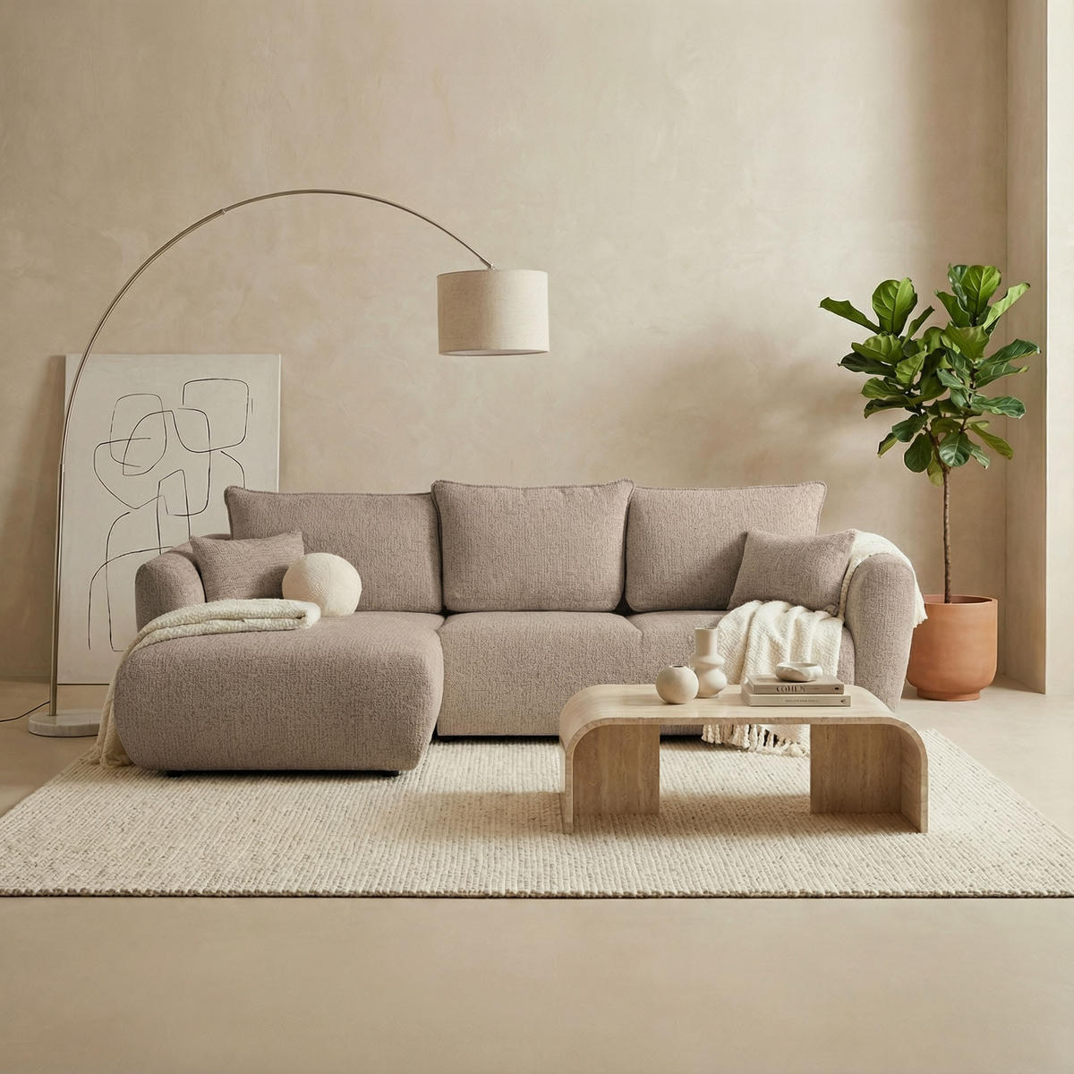 ECKSOFA Fabio mit Bettkasten, Strukturiert Dunkelbeige 255/165/91 cm - Beige/Schwarz, Textil (255/165cm) - WFL GROUP