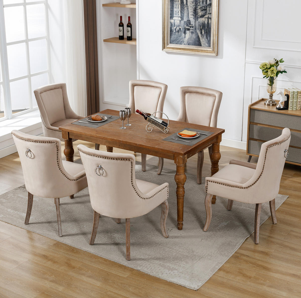 ESSZIMMERSTUHL gepolstert Samt Beige Massivholzrahmen 6er-Set - Beige, Holz (61/91/55.2cm) - Meubliv