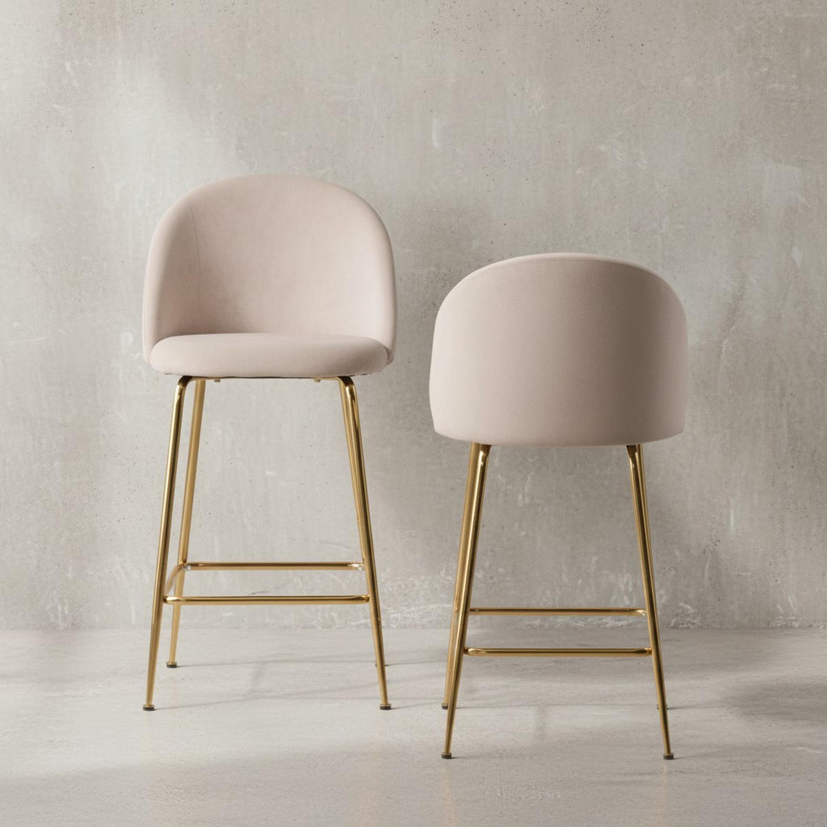 BARHOCKER 2er Set Samt Lehne Goldgestell Skandi-Stil Gepolstert, Beige 50x50x102 cm - Beige/Goldfarben, Textil/Metall (50/102/50cm) - KADIMA DESIGN