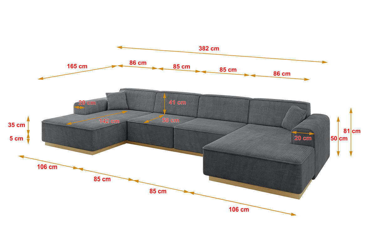 WOHNLANDSCHAFT IREA-U2-v2 - 382x165x81 cm Duneklgrau - Dunkelgrau, Holzwerkstoff/Textil (382/81/165cm) - ALTDECOR