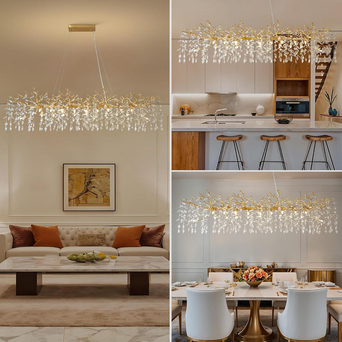 KRONLEUCHTER Rechteck 180 cm K9‑Kristall Baumzweig Gold für Esszimmer und Kücheninsel - Gelb, Naturmaterialien (130/38.5/32cm) - Surtime