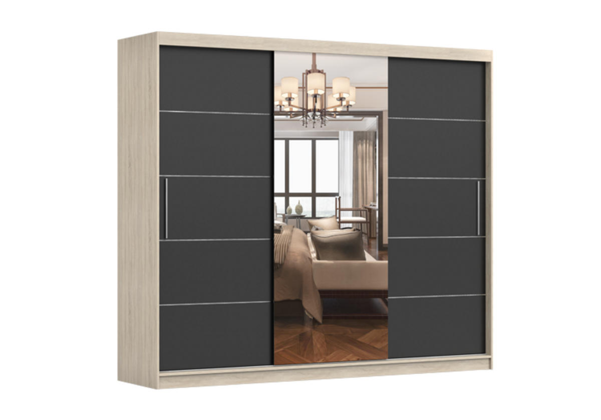 SCHIEBETÜRENSCHRANK - ELBA I Sonoma + Schwarz - Schwarz/Sonoma Eiche, Holzwerkstoff/Metall (250/218/61cm) - Möblo