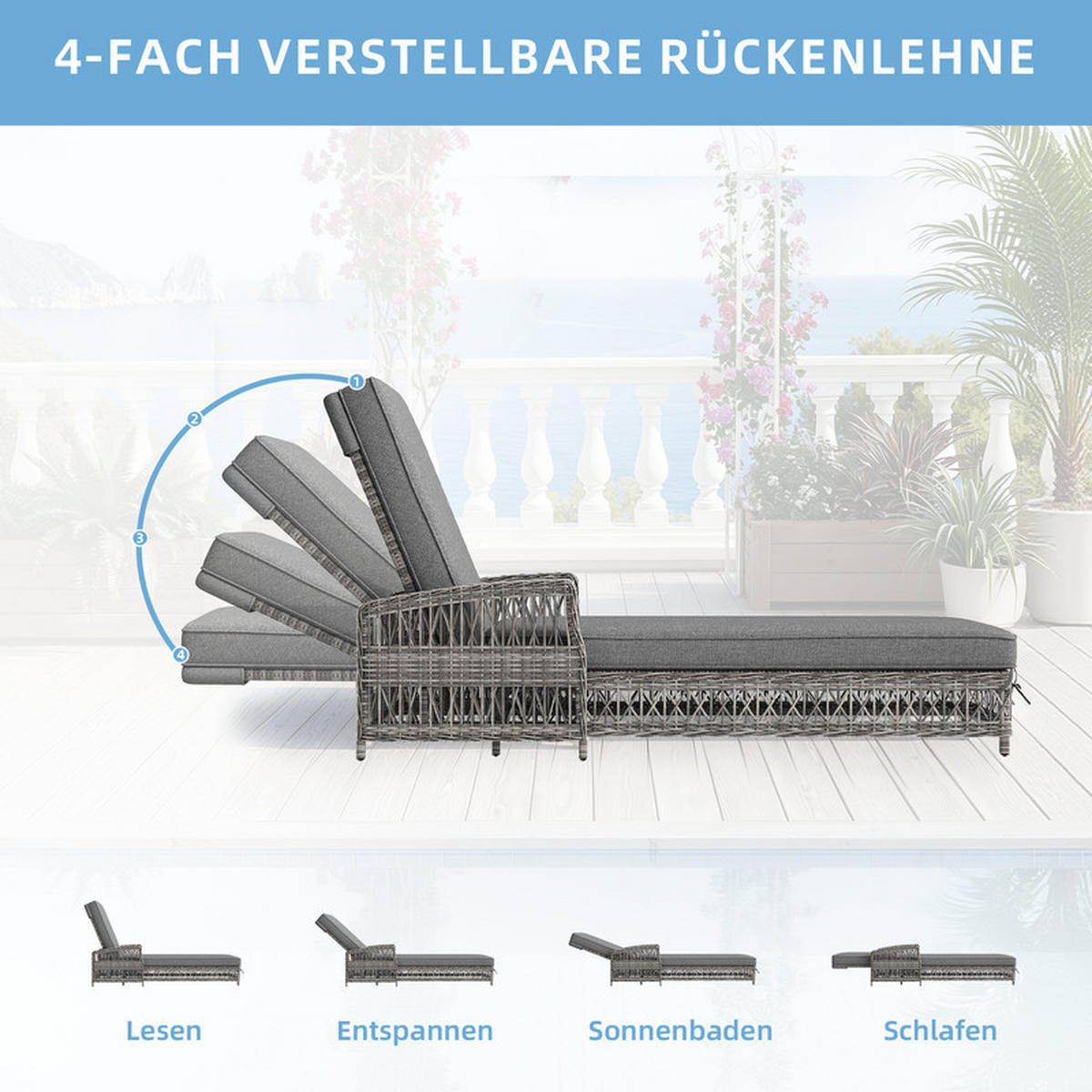 SONNENLIEGE RATTAN WETTERFEST verstellbare Rückenlehne Grau - Grau, Kunststoff (57/83/153cm) - Kaket