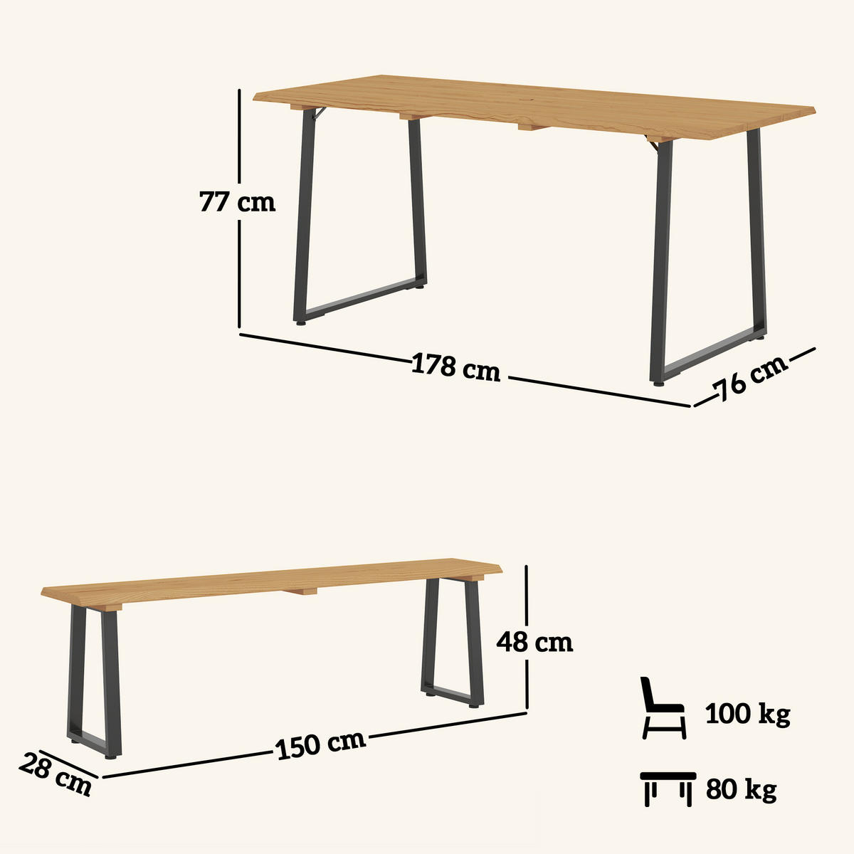 GARTENMÖBEL-SET Naturfarben 178.0/76.0/77.0cm - Naturfarben, Holz