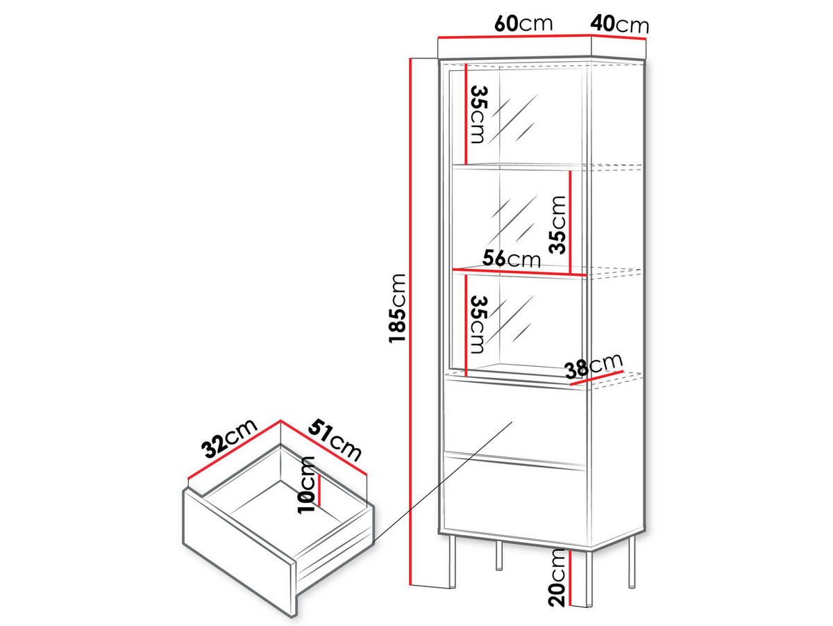 VITRINE Domi 60 2S - Kaschmir/Schwarz, Holzwerkstoff/Metall (60/185/40cm) - MIRJAN24