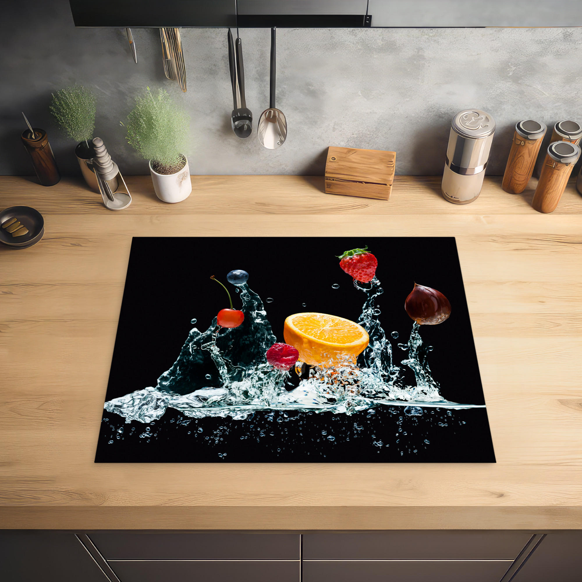 HERDABDECKPLATTE Wasser - Obst - Orange - Erdbeere - Kirsche - Schwarz 65x52 cm - Orange, Kunststoff (65/0.2/52cm) - MuchoWow