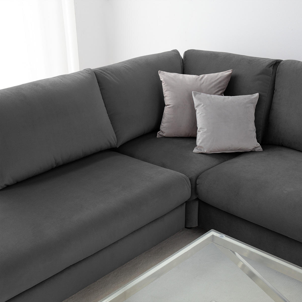 ECKSOFA mit Ottomane - Chromfarben/Anthrazit, Textil/Metall (302/1cm) - home24