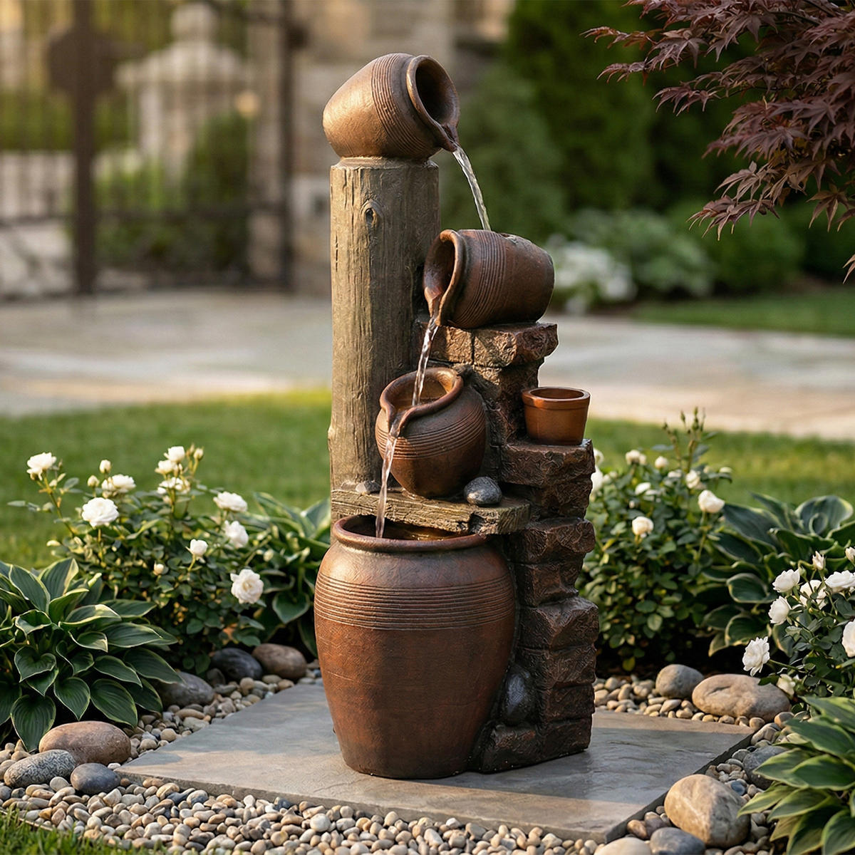 GARTENBRUNNEN, LED-Beleuchtung, Kunststein, Wasserspiel, Braun - Braun, Naturmaterialien (42/38/99cm) - FLIEKS