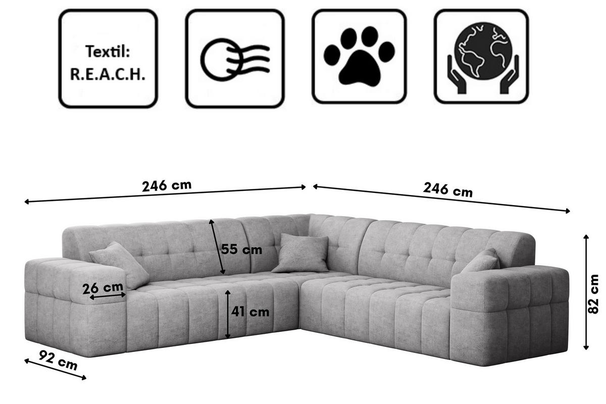 ECKSOFA Corner NIMES Stoff Perfect Harmony Grau - Grau, Holz (246/246cm) - Kaiser Möbel