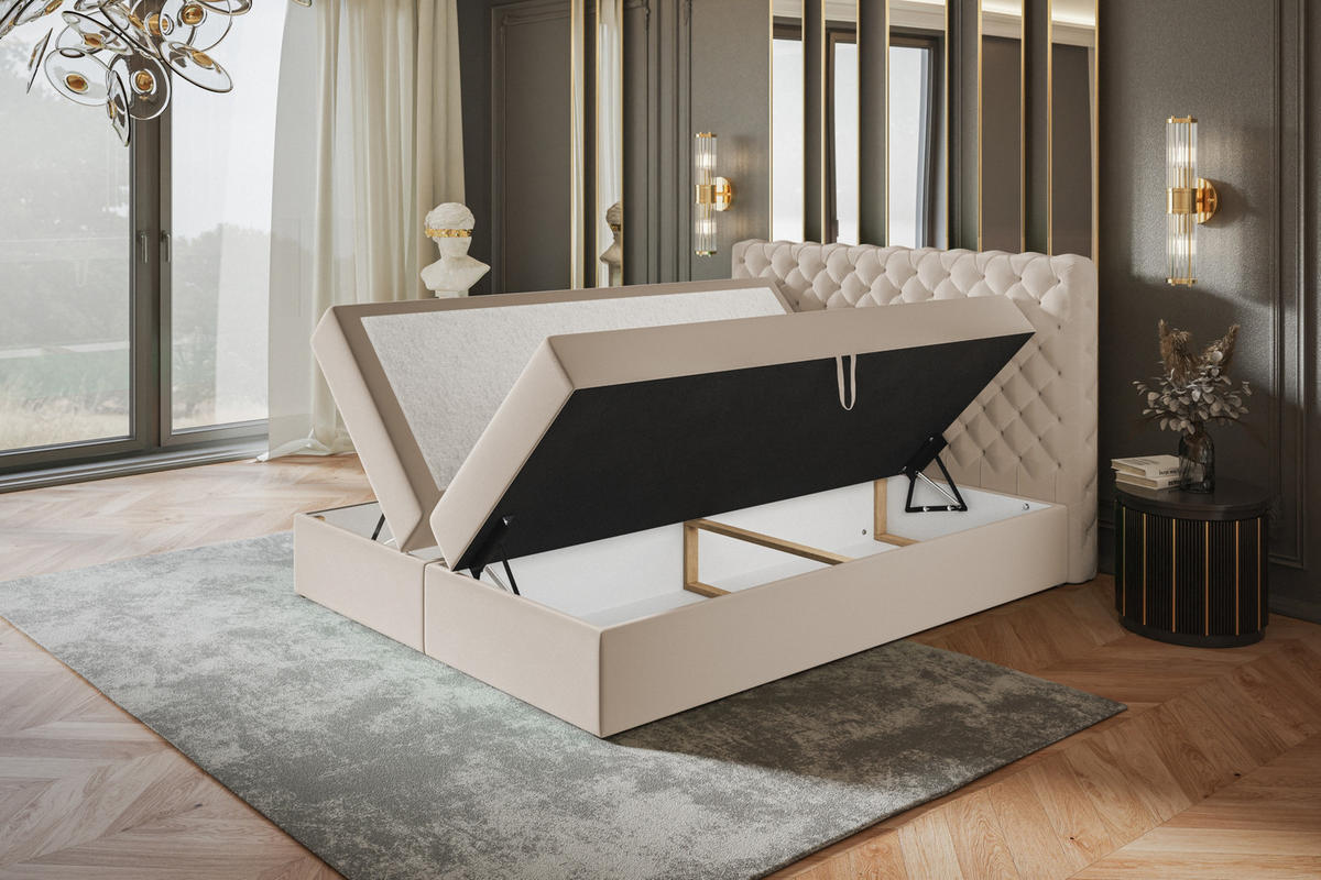 BOXBETT MIAMI mit 2 Bettkästen, 120x200, Farbe: Dunkelblau, Velourstoff, Doppelbett mit Bonell-Matratze - Dunkelblau, Holz/Kunststoff (120/200cm) - Alpi-Möbel