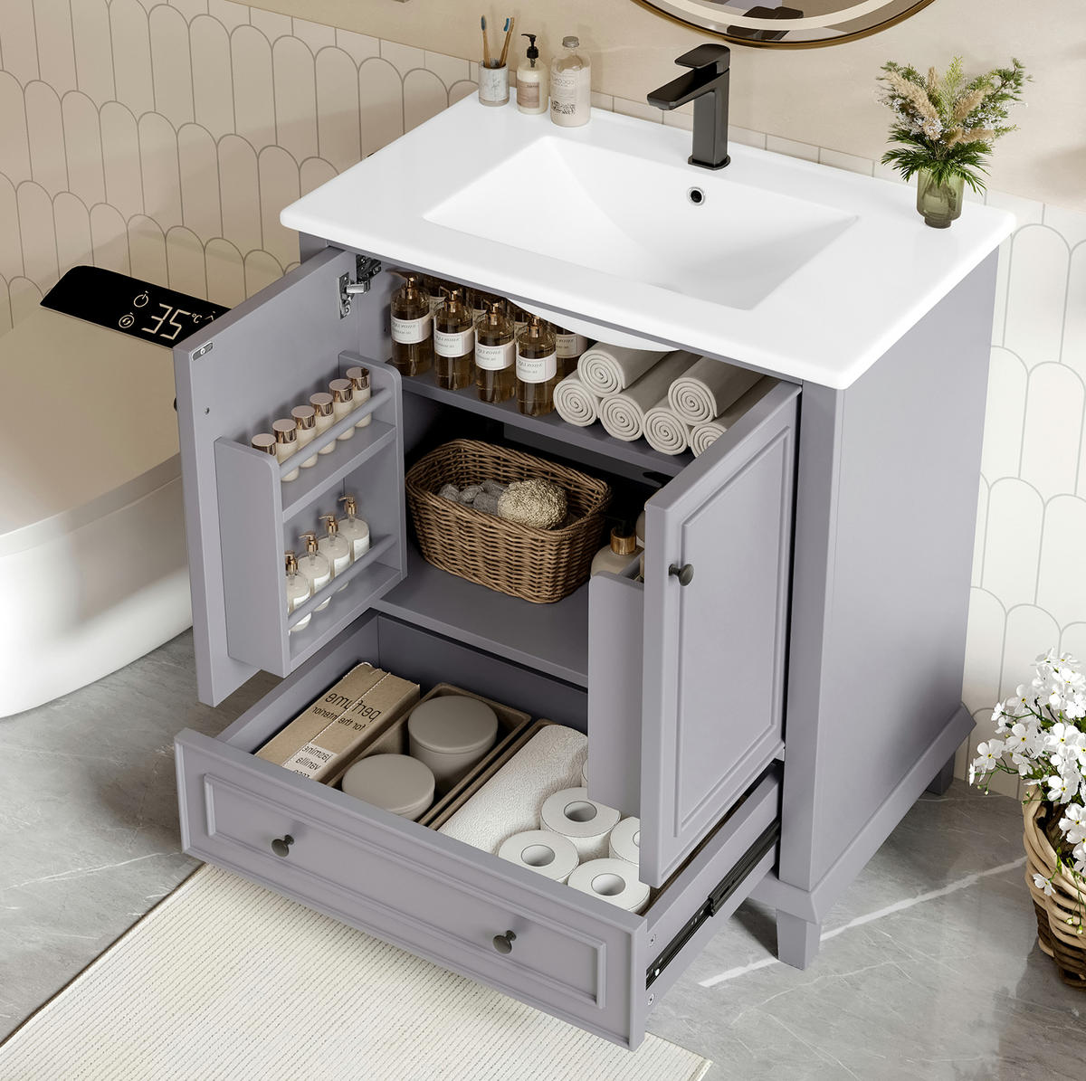 BADEZIMMERSCHRANK mit Keramikbecken 76x46x87 cm Grau - Grau, Holzwerkstoff (46/87/76cm) - Beauniv